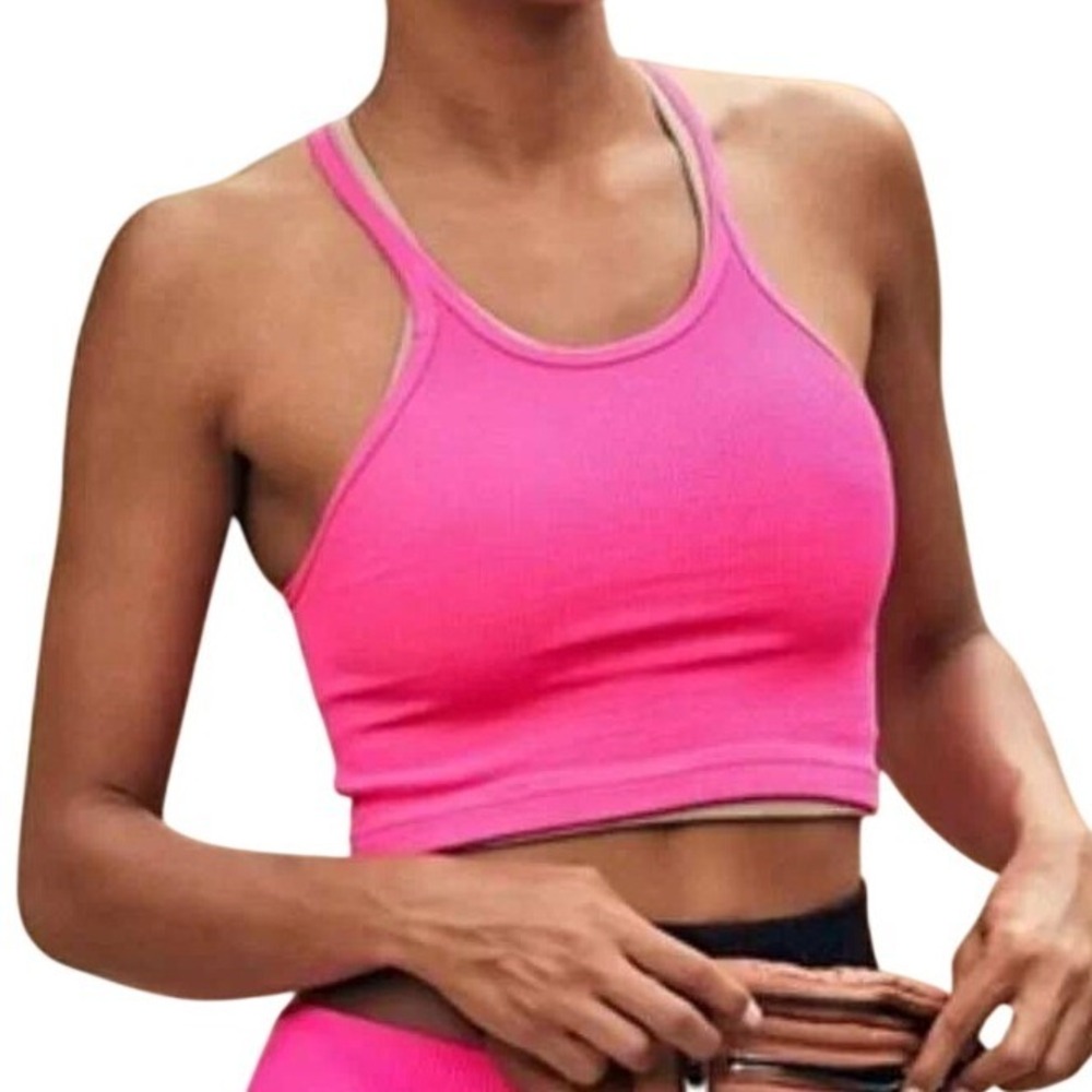 Free People Movement Happiness Runs Crop Tank M/L Pink Ribbed Racerback Active